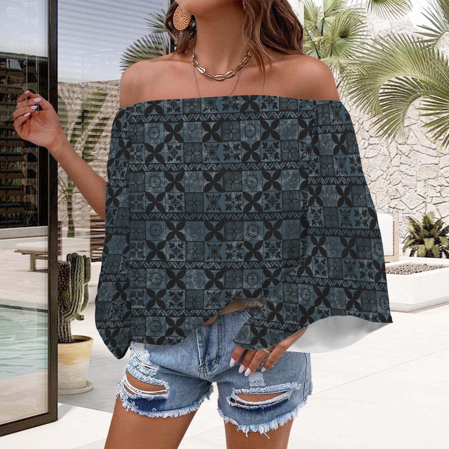 Kolonahe Kapa Print Off Shoulder Trumpet Sleeve Blouse - Blue and Black