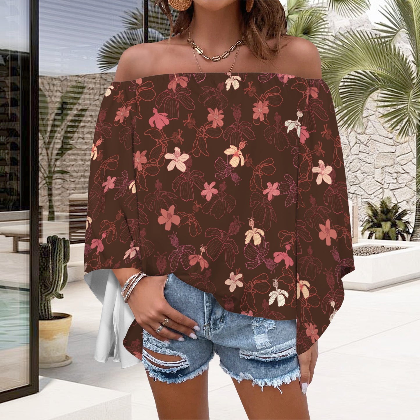 Kolonahe Koki'o HIbiscus Print Off Shoulder Trumpet Sleeve Blouse