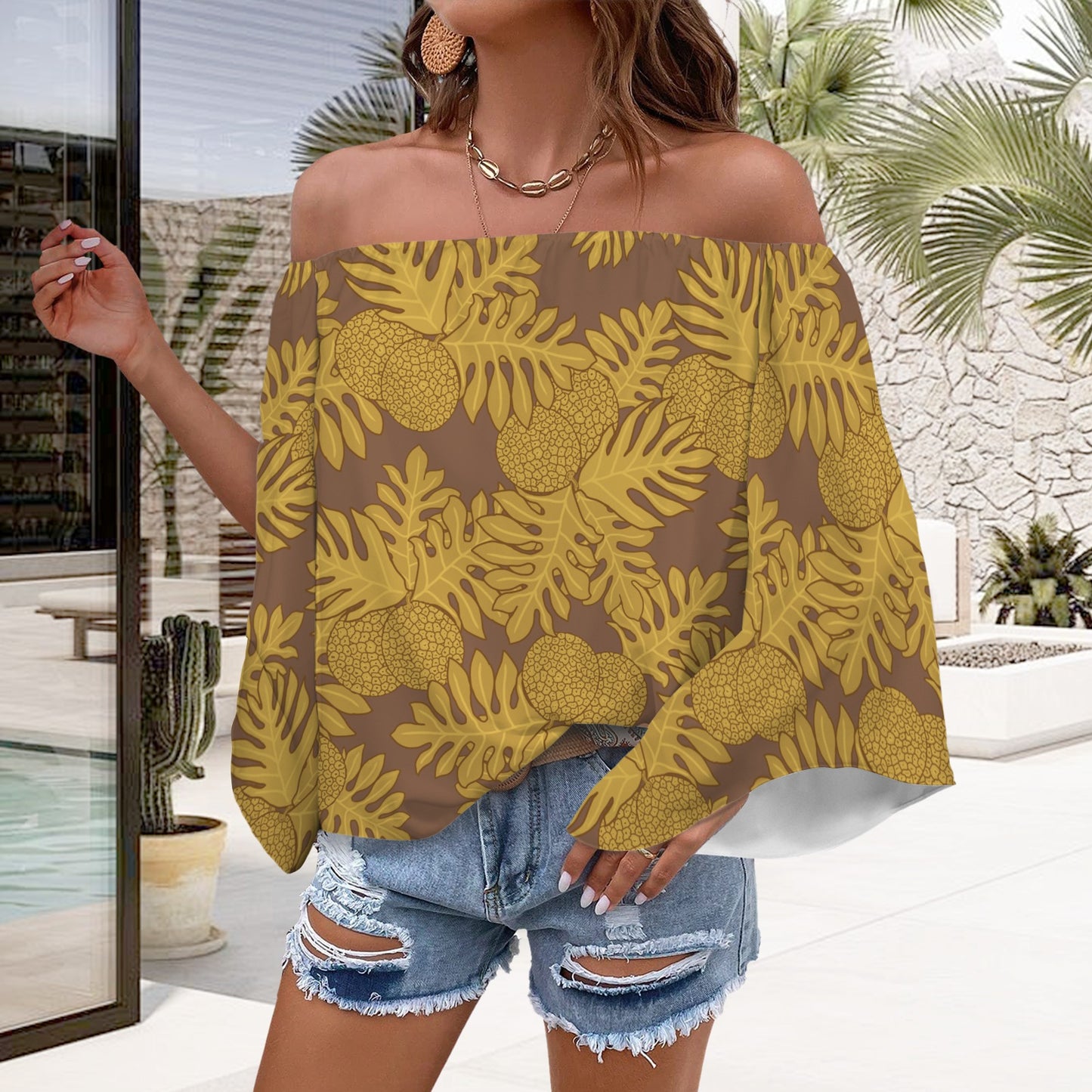 Ulu Breadfruit Brown and Yellow Off Shoulder Trumpet Sleeve Blouse