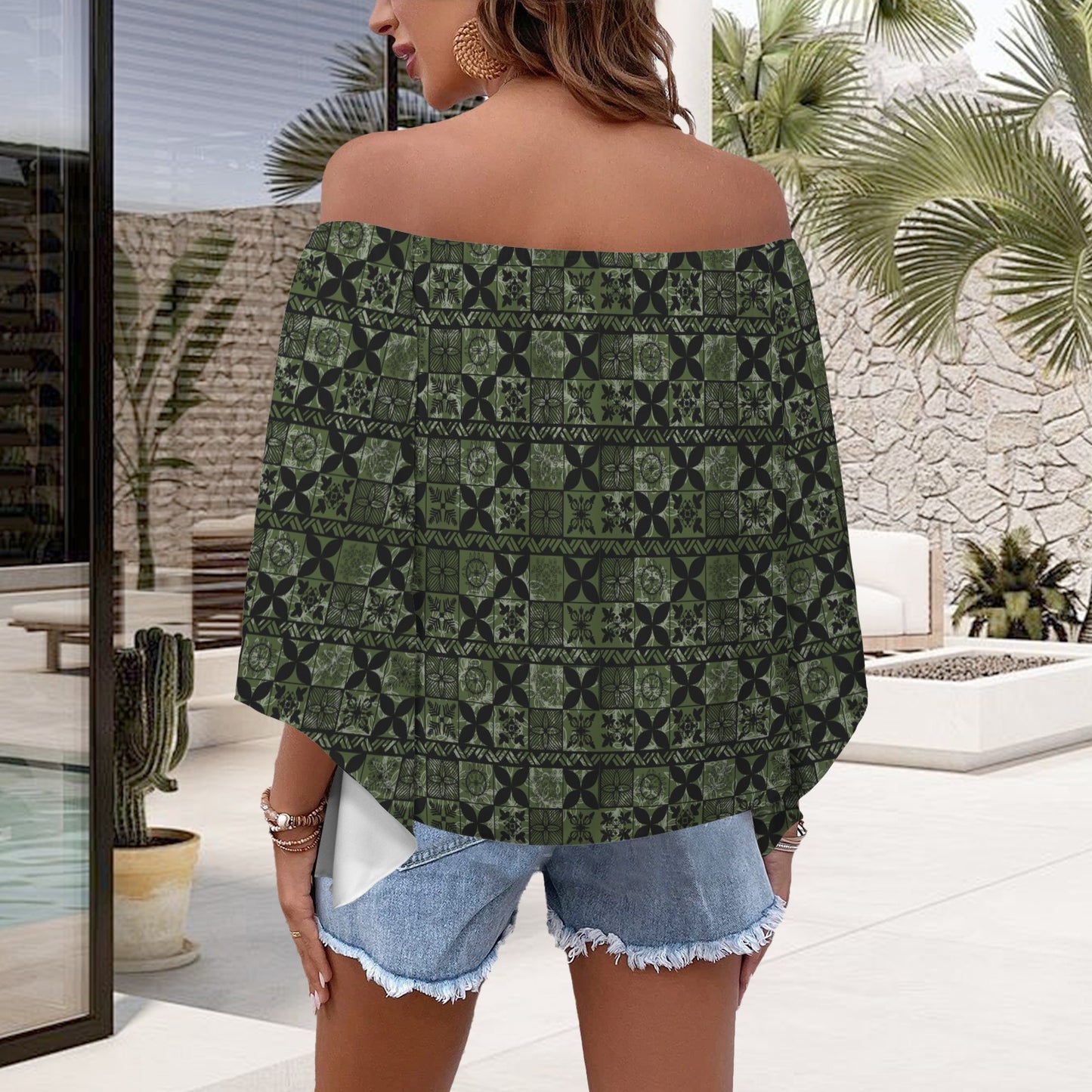 Kolonahe Kapa Print Off Shoulder Trumpet Sleeve Blouse - Green and Black