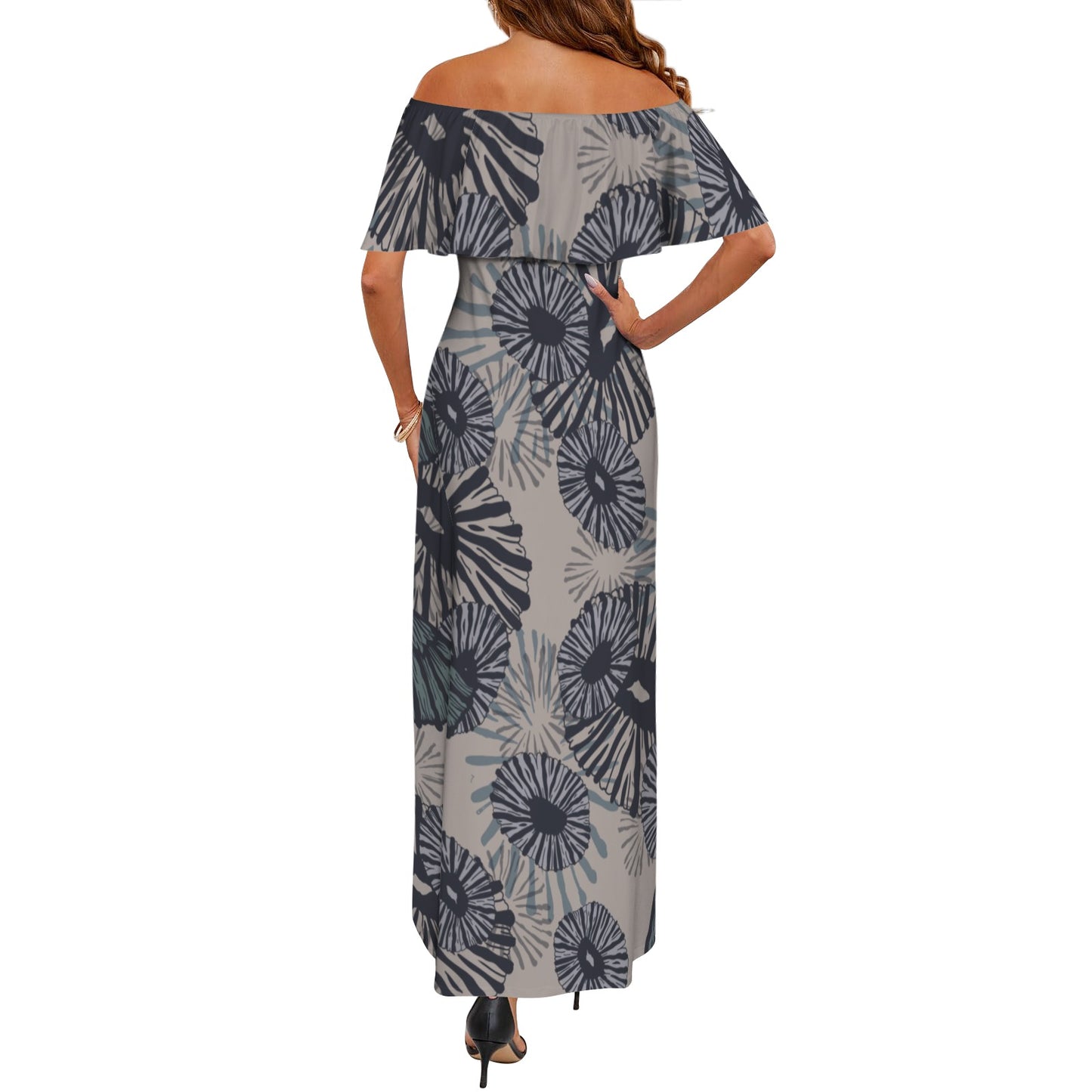 'Opihi Hawaiian Print - Off Shoulder Ruffle Maxi Dress - Slate Blue and Taupe