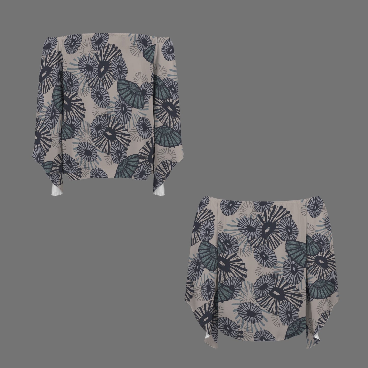 Kolonahe 'Opihi Hawaiian Print Off Shoulder Trumpet Sleeve Blouse - Slate Blue and Taupe