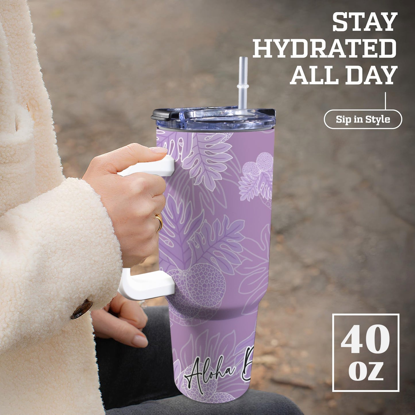 Ulu Breadfruit Hawaiian Print 40 oz Tumbler with Handle - Purple Aloha Dynasty 40oz Tumbler with Handle