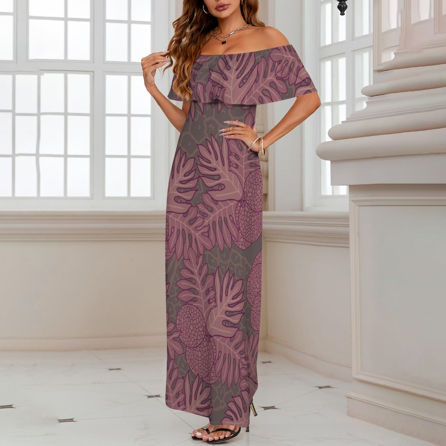 Ulu Breadfruit Hawaiian Print Off Shoulder Maxi Style Dress - Pink and Brown