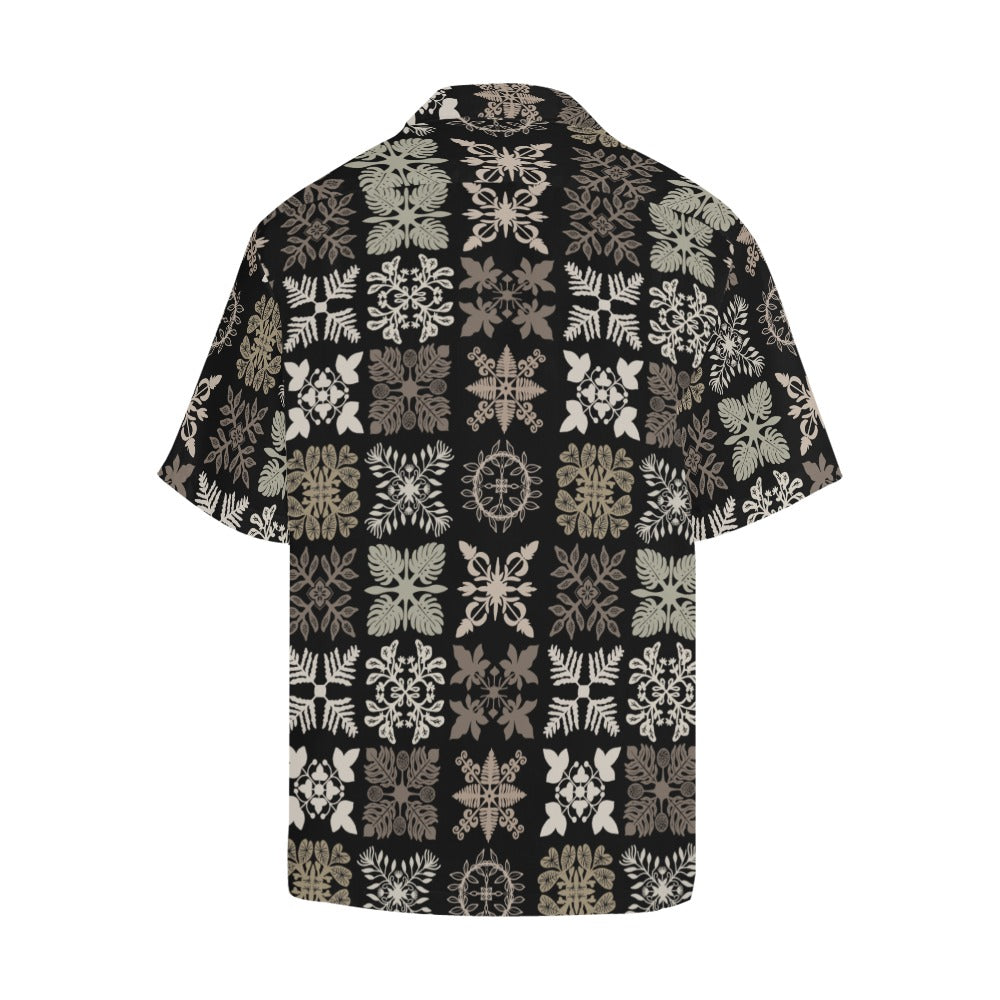 Hawaiian Kapa Kuiki Quilt - Menʻs Aloha Shirt, Black and Browns
