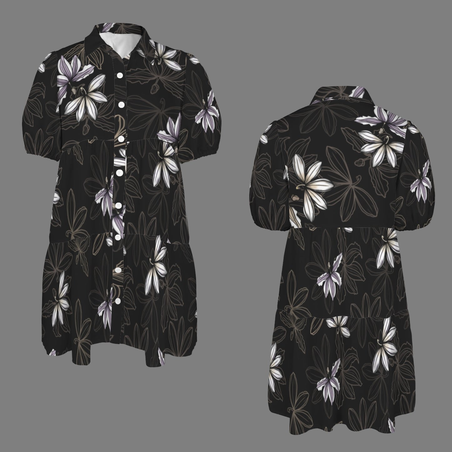 Puʻuwai Button down Puff sleeve baby doll dress in Naupaka - Lavender, Taupe, and Black