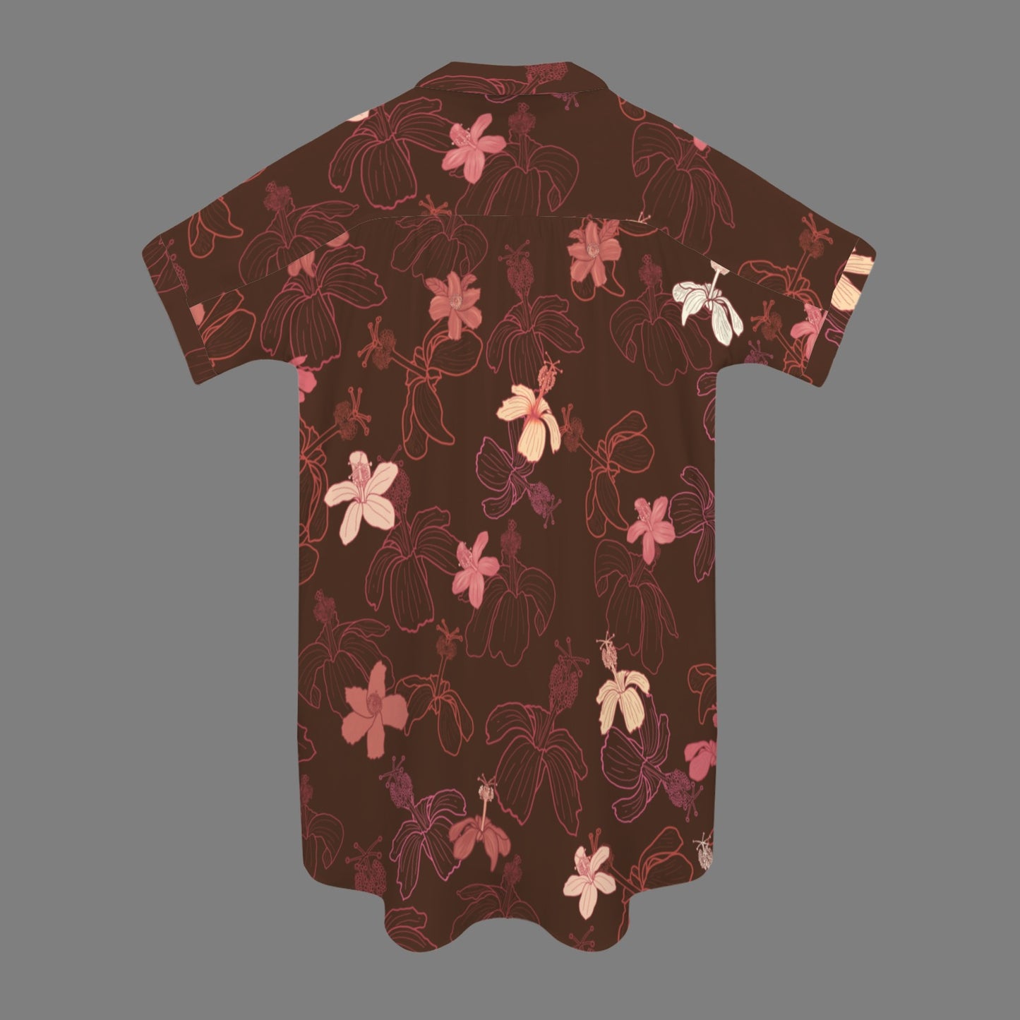Nani 2.0 Button Down Dress - Koki'o Hibiscus Print in Brown, Red & Pink