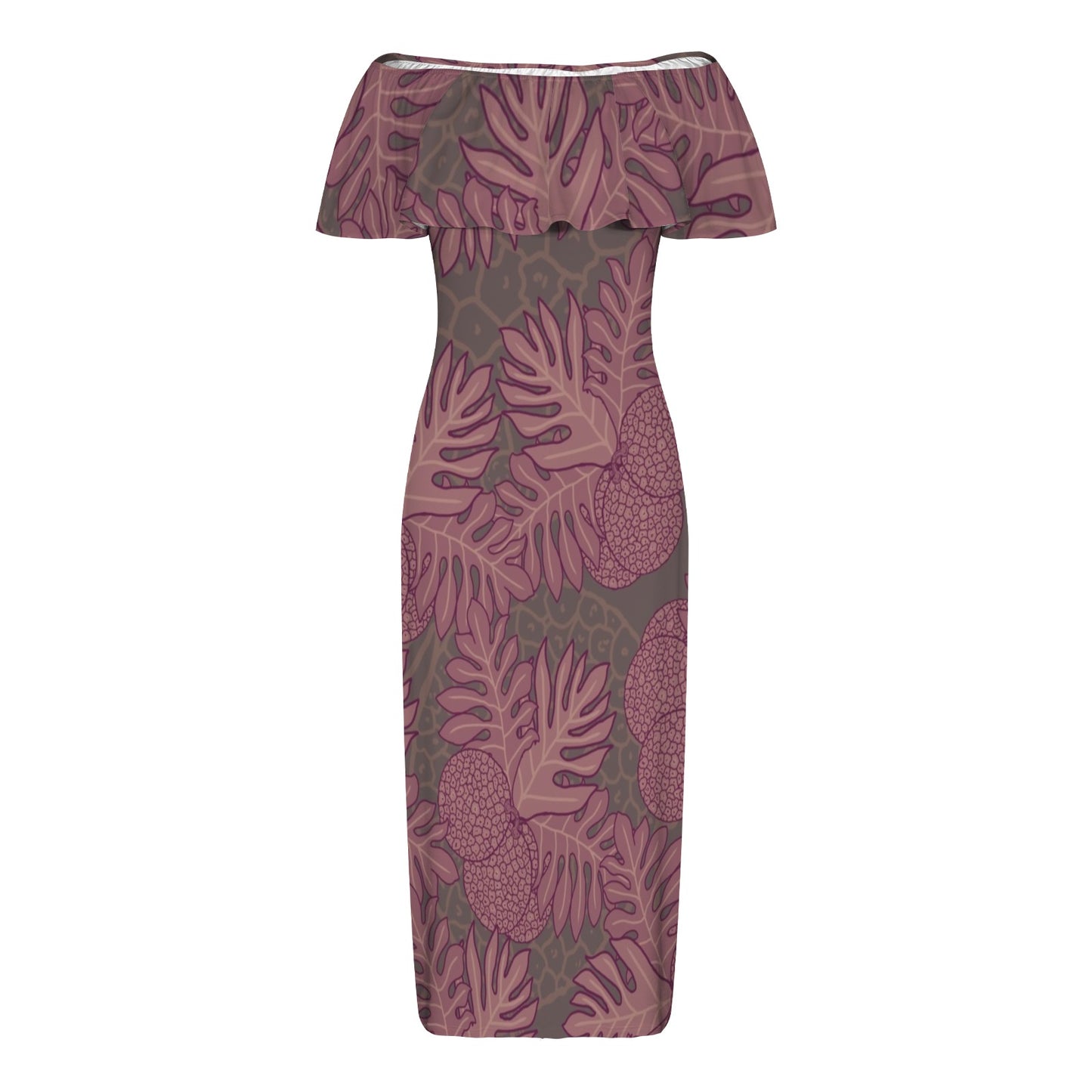 Ulu Breadfruit Hawaiian Print Off Shoulder Maxi Style Dress - Pink and Brown