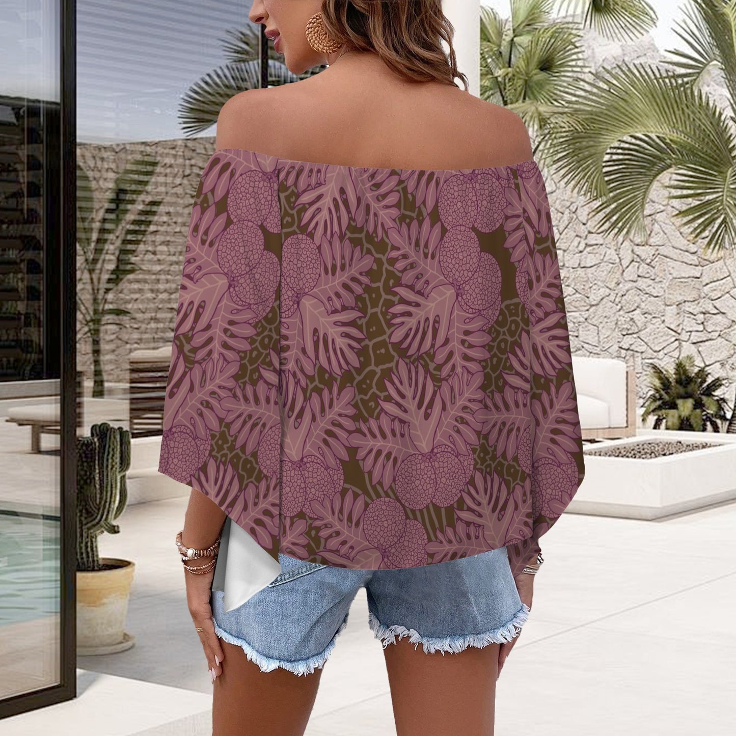 Ulu Breadfruit Off Shoulder Trumpet Sleeve Blouse - Pink, Brown, Red
