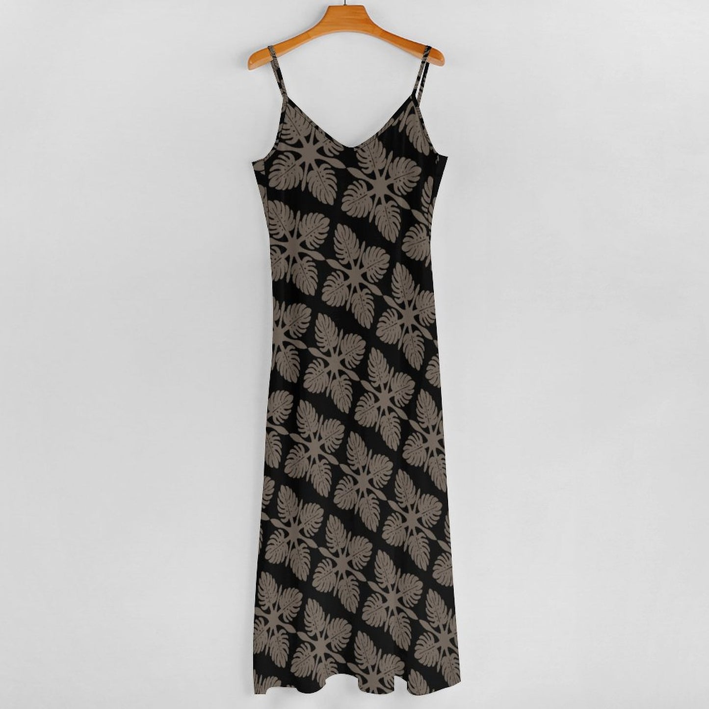 Hōʻolu Maxi Dress in Kapa Kuiki Monstera Hawaiian Print - Black and Taupe
