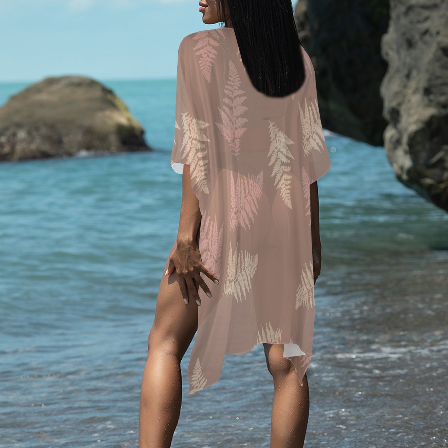 Hawaiian Fern Mocha and Mauve Long Kimono Chiffon Cover Up