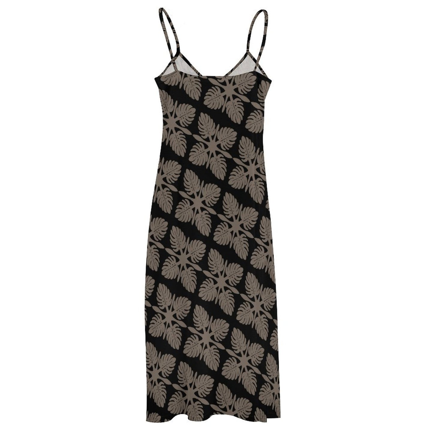 Hōʻolu Maxi Dress in Kapa Kuiki Monstera Hawaiian Print - Black and Taupe