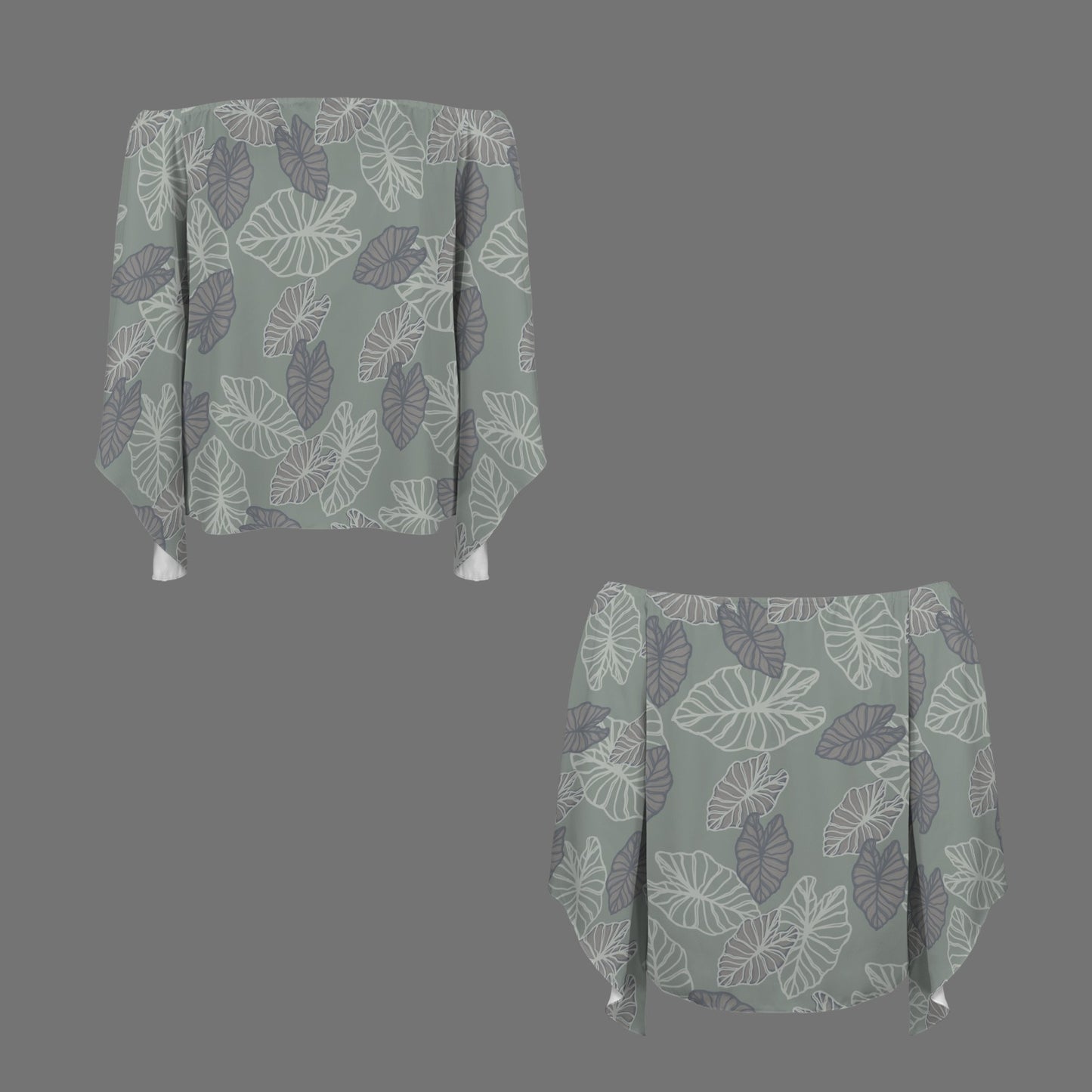 Kolonahe Kalo Hawaiian Print Off Shoulder Trumpet Sleeve Blouse