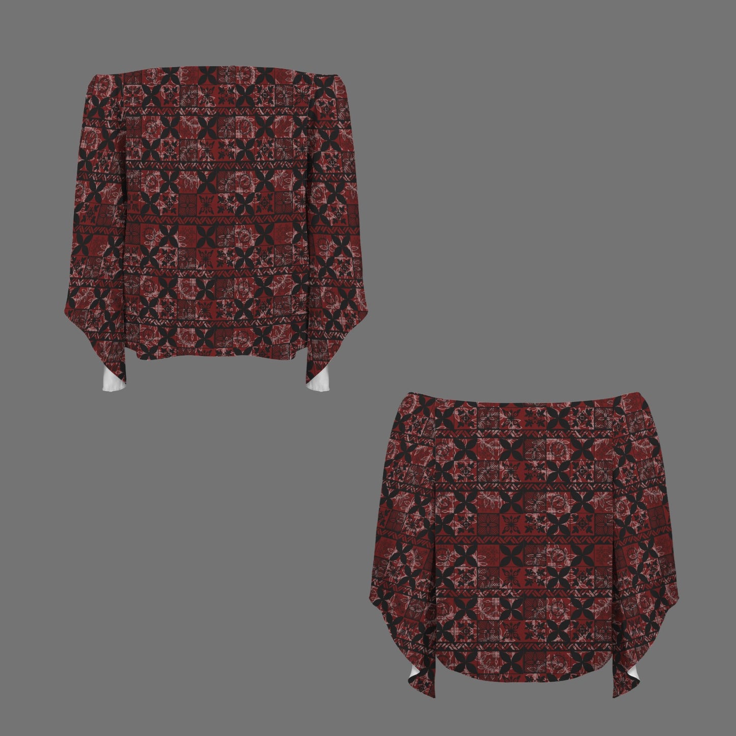 Kolonahe Kapa Print Off Shoulder Trumpet Sleeve Blouse - Red and Black
