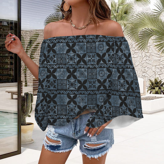 Kolonahe Hawaiian Quilt Kapa Print Off Shoulder Trumpet Sleeve Blouse - Blue and Black