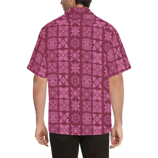 Hawaiian Kapa Kuiki Quilt - Menʻs Aloha Shirt, Red and Pink