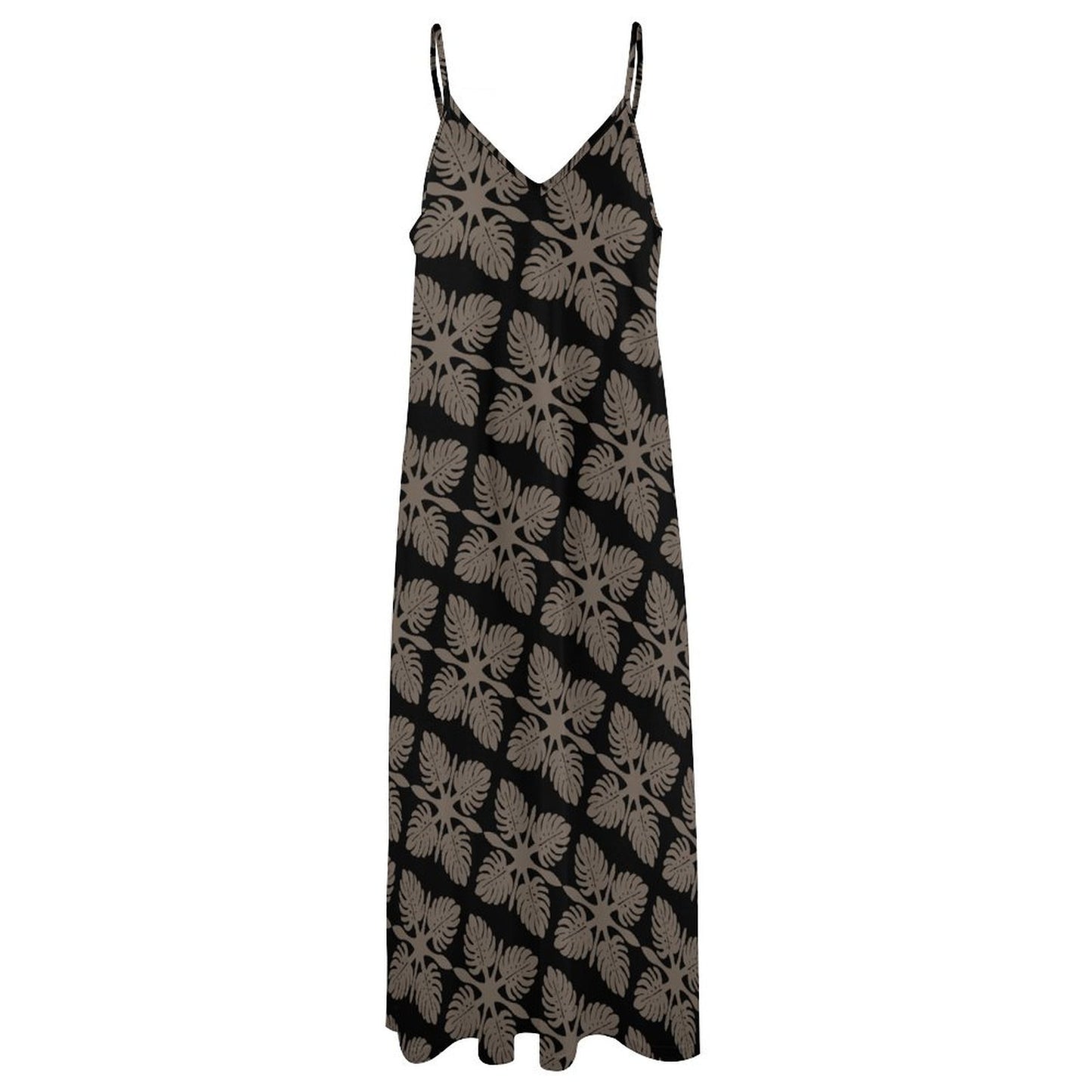 Hōʻolu Maxi Dress in Kapa Kuiki Monstera Hawaiian Print - Black and Taupe