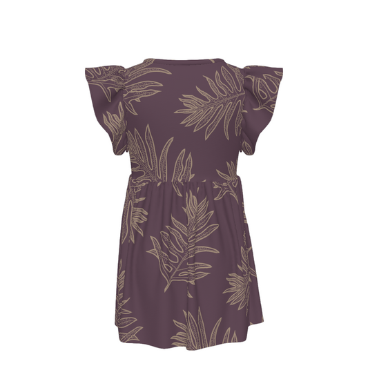 Laua'e Hawaiian Print - Little Girl's Ruffle Sleeve Dress - Lavender