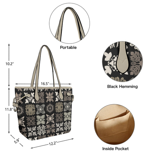 Kapa Kuiki Hawaiian Print Faux Leather Tote Bag - Taupe - Black and Khaki