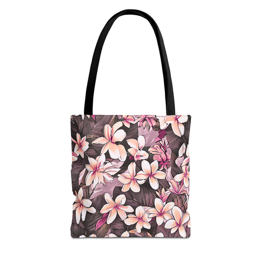 Plumeria Tropical Hawaiian Print Tote Bag in Mauve & Pink Tones