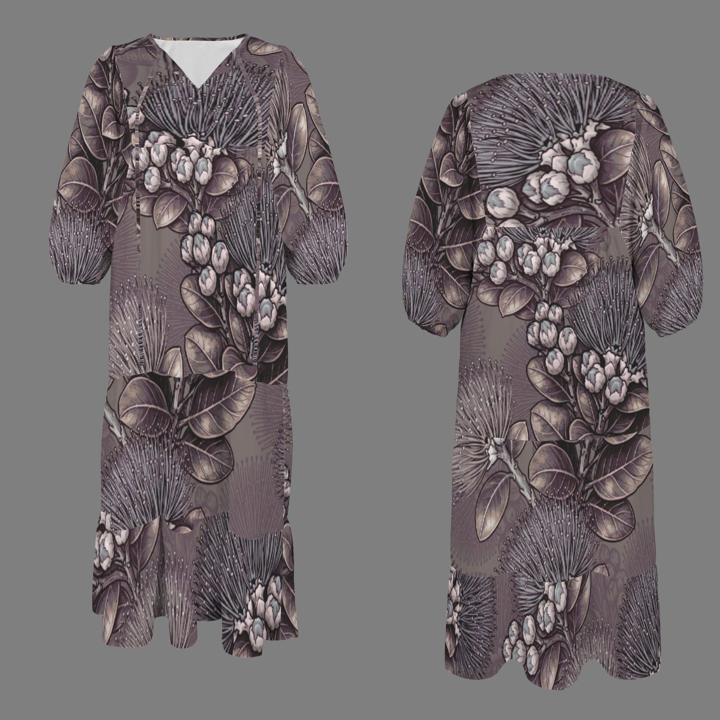Pauahi Mu'u mu'u maxi dress - 'ōhiʻa lehua in taupe and gray