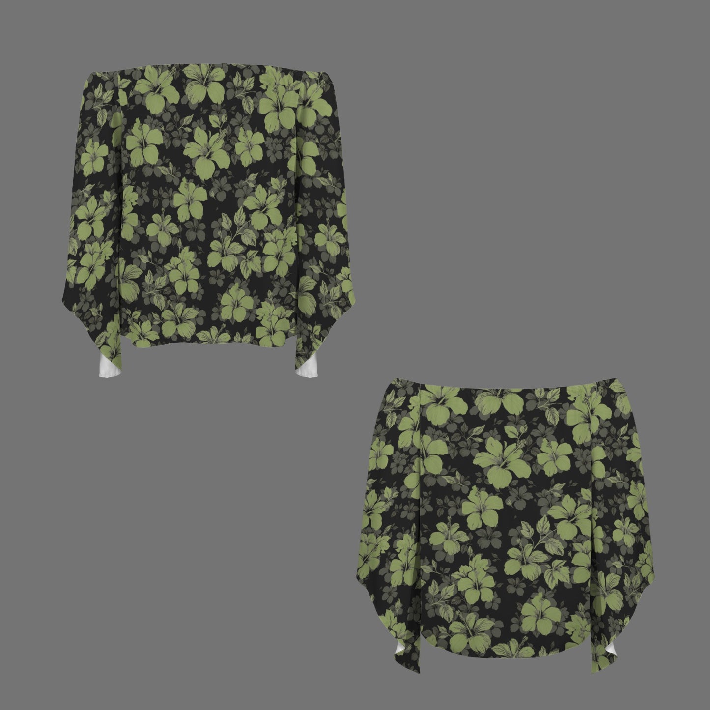 Kolonahe Koki'o Hibiscus Print Off Shoulder Trumpet Sleeve Blouse - Green and Black