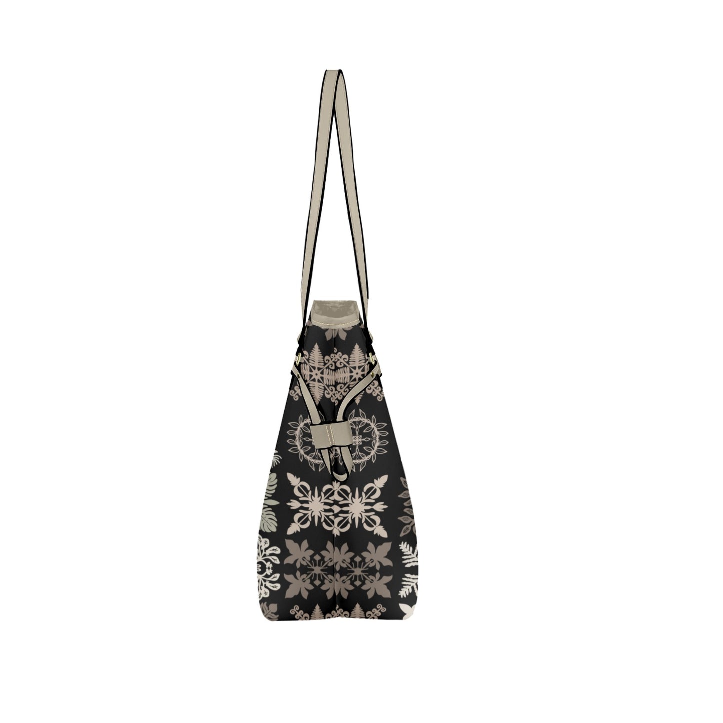 Kapa Kuiki Hawaiian Print Faux Leather Tote Bag - Taupe - Black and Khaki