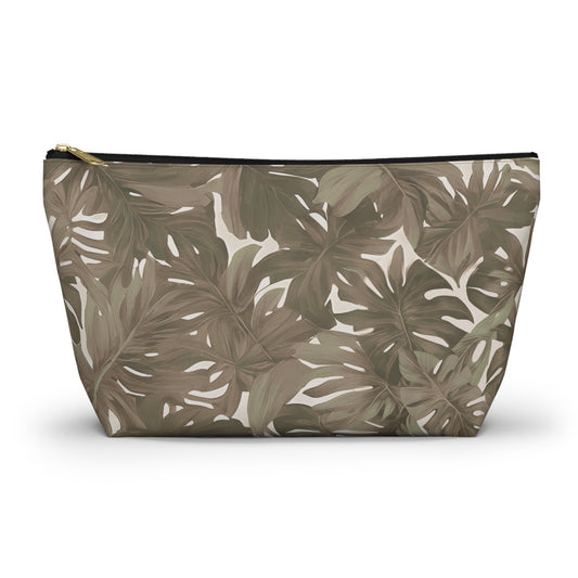 Monstera Neutral Tropical Hawaiian Print Accessory Pouch w T-bottom