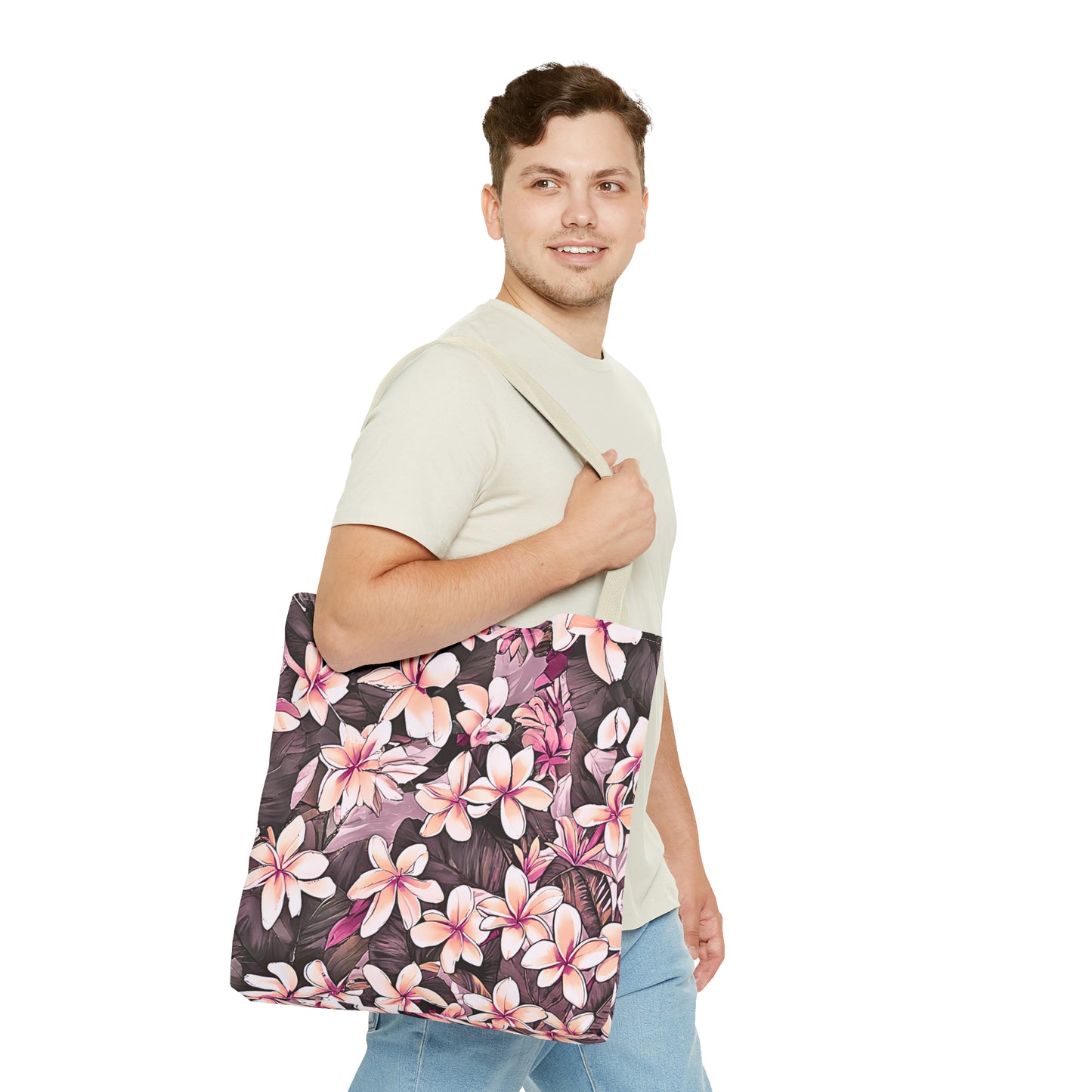 Plumeria Tropical Hawaiian Print Tote Bag in Mauve & Pink Tones