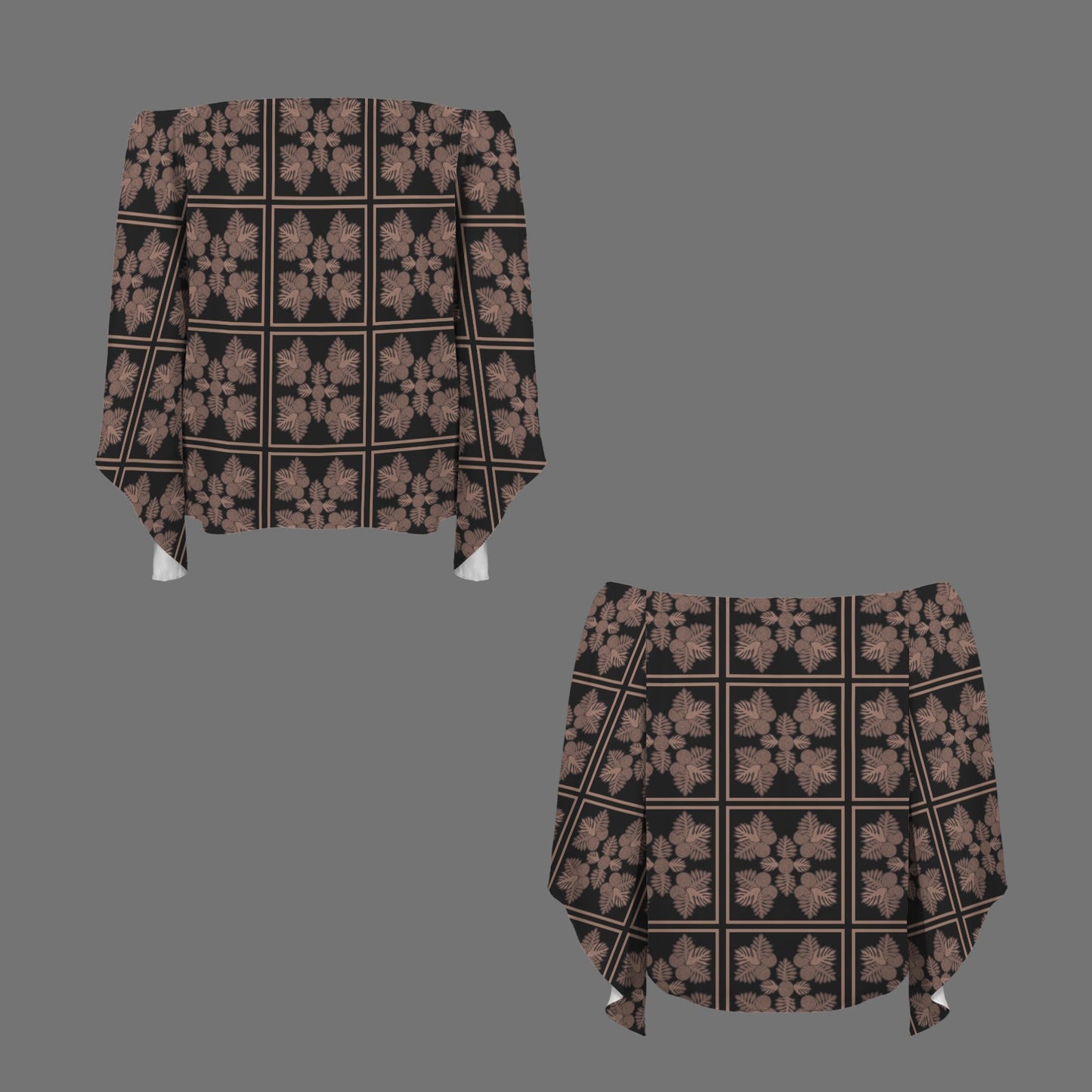 Kolonahe Ulu Quilt in Black and Mocha Off Shoulder Trumpet Sleeve Blouse
