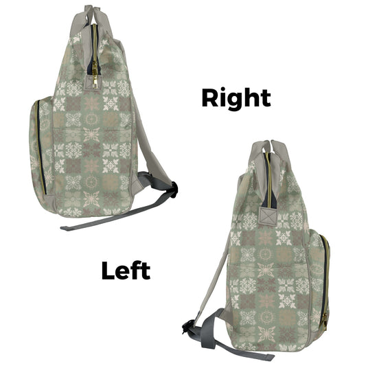 Kapa Kuiki Hawaiian Print Quilt Design Mult-Function Backpack - Sage, Khaki and Gray