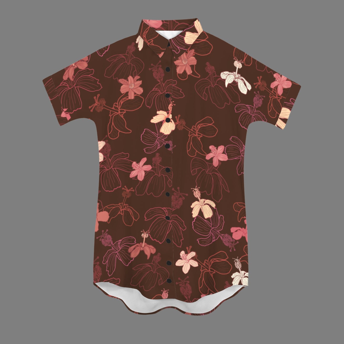 Nani 2.0 Button Down Dress - Koki'o Hibiscus Print in Brown, Red & Pink