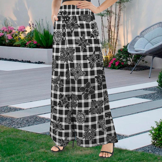 Makamae Elastic Waist Wide Leg Pants - Palaka and Kapa Kuiki Hawaiian Print - Black and White