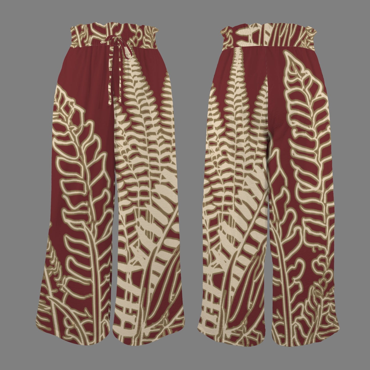 Hawaiian Fern Elastic Waist Wide Let Pants - Red and Cream