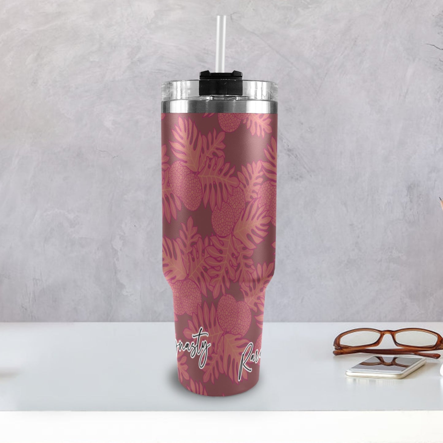 Ulu Breadfruit Hawaiian Print 40oz Tumbler - Pink 40oz Tumbler with Black Handle