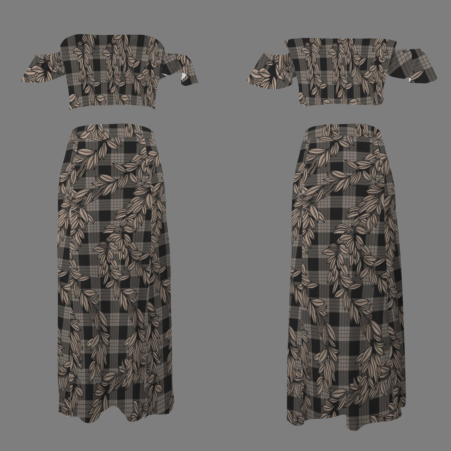 Malino Set in Maile and Palaka (Off Shoulder Smocked Tube Top & High Waist Split Thigh Maxi Skirt) Black and Taupe