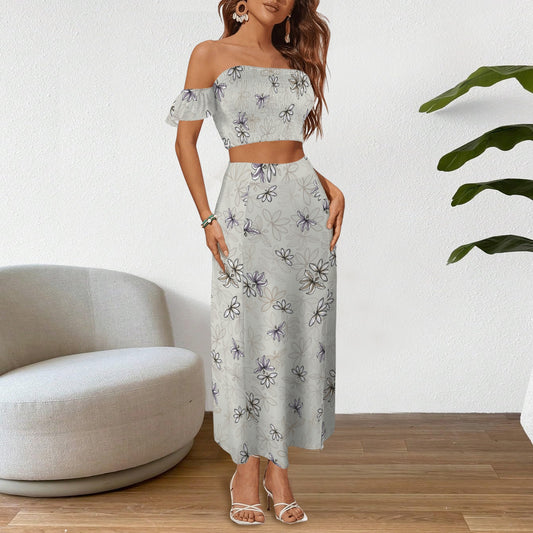 Malino Set in Naupaka (Off Shoulder Smocked Tube Top & High Waist Split Thigh Maxi Skirt) Soft Gray