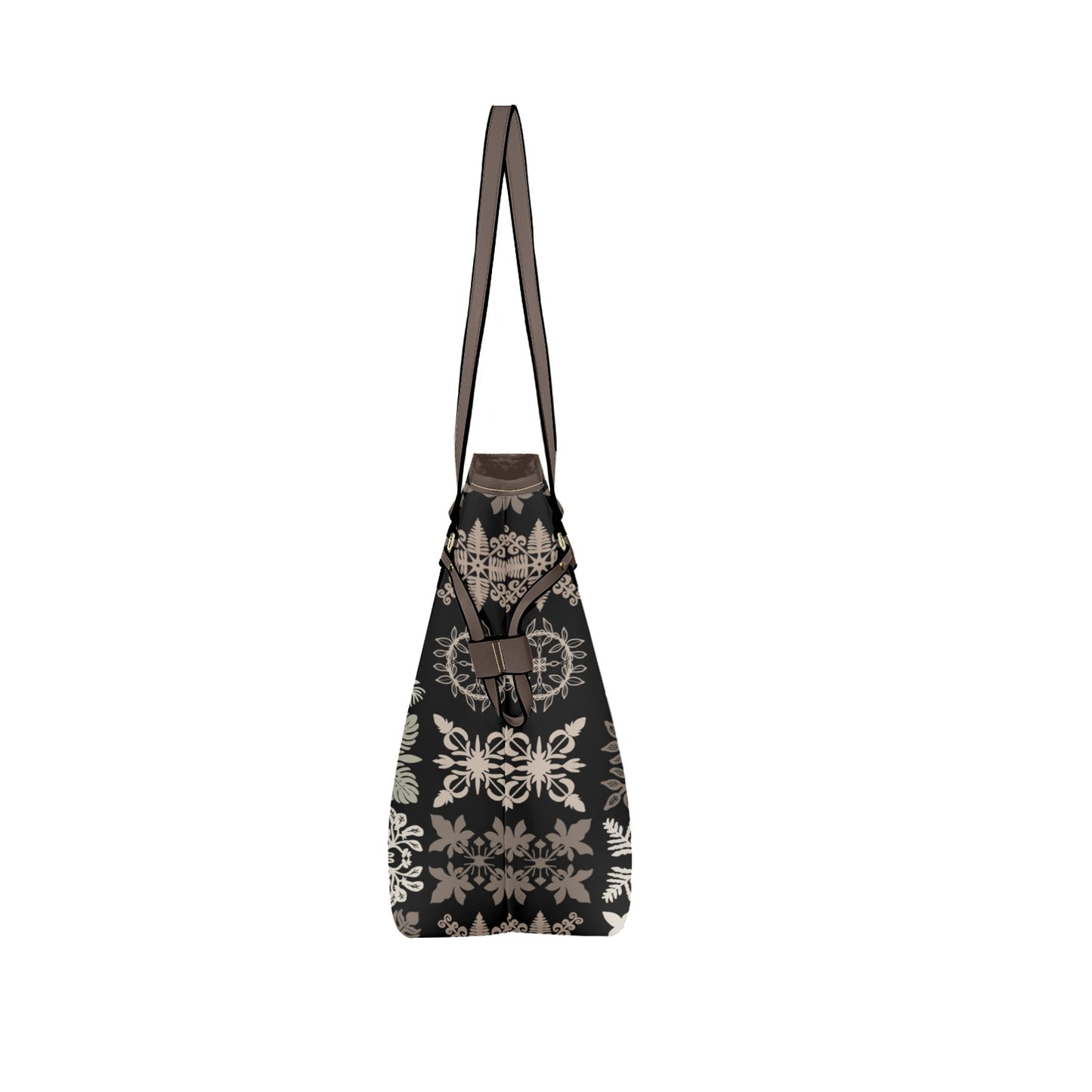 Kapa Kuiki Hawaiian Print Faux Leather Tote Bag - Black and Taupe