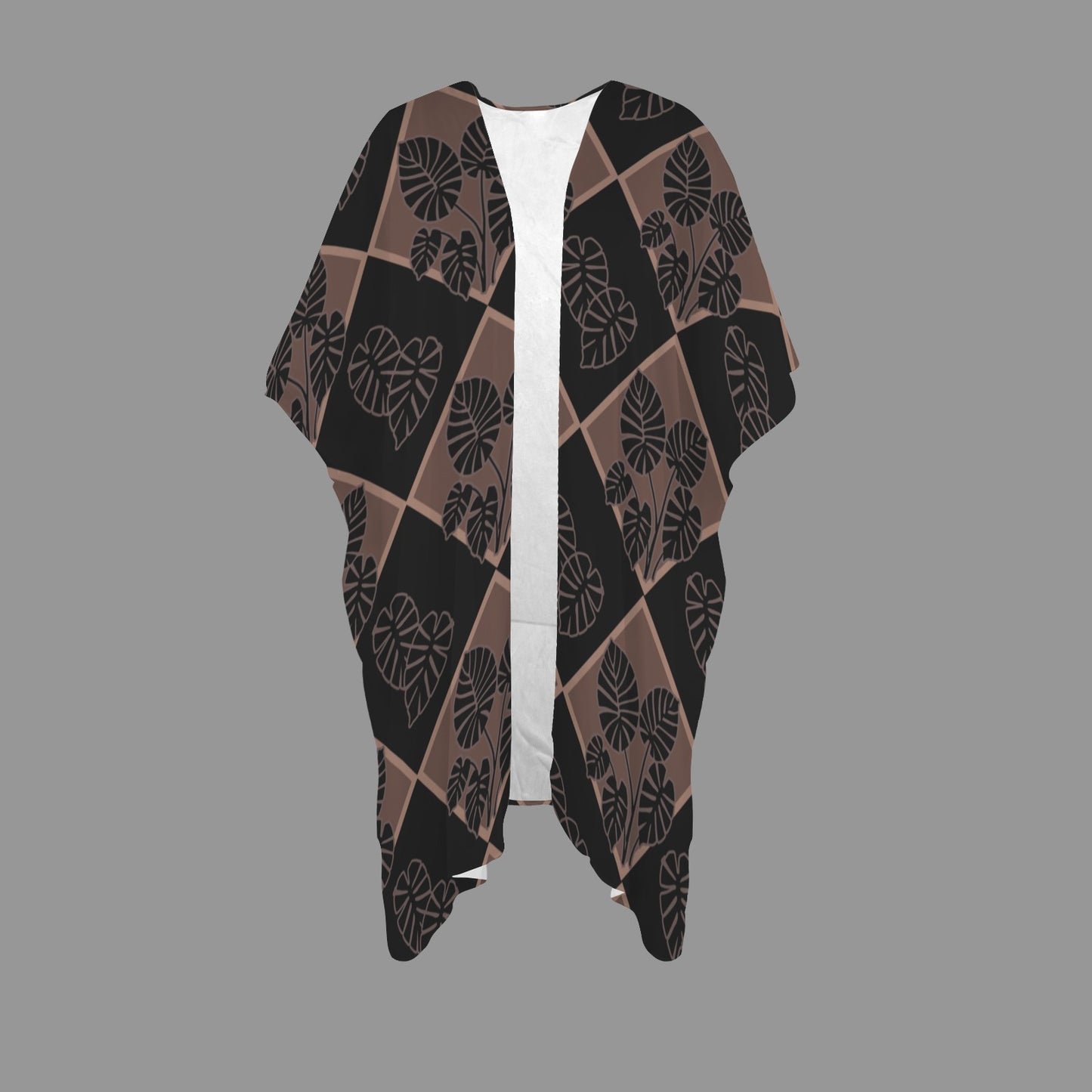 Kalo Quilt in Mocha and Black Long Kimono Chiffon Cover Up