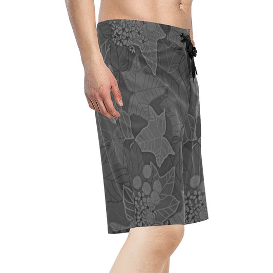 He'enalu Board Shorts - Kukui Hawaiian Print Black and Gray