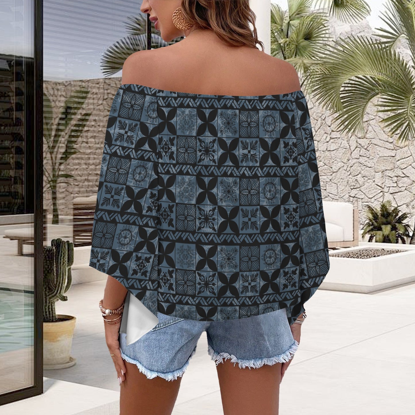 Kolonahe Hawaiian Quilt Kapa Print Off Shoulder Trumpet Sleeve Blouse - Blue and Black