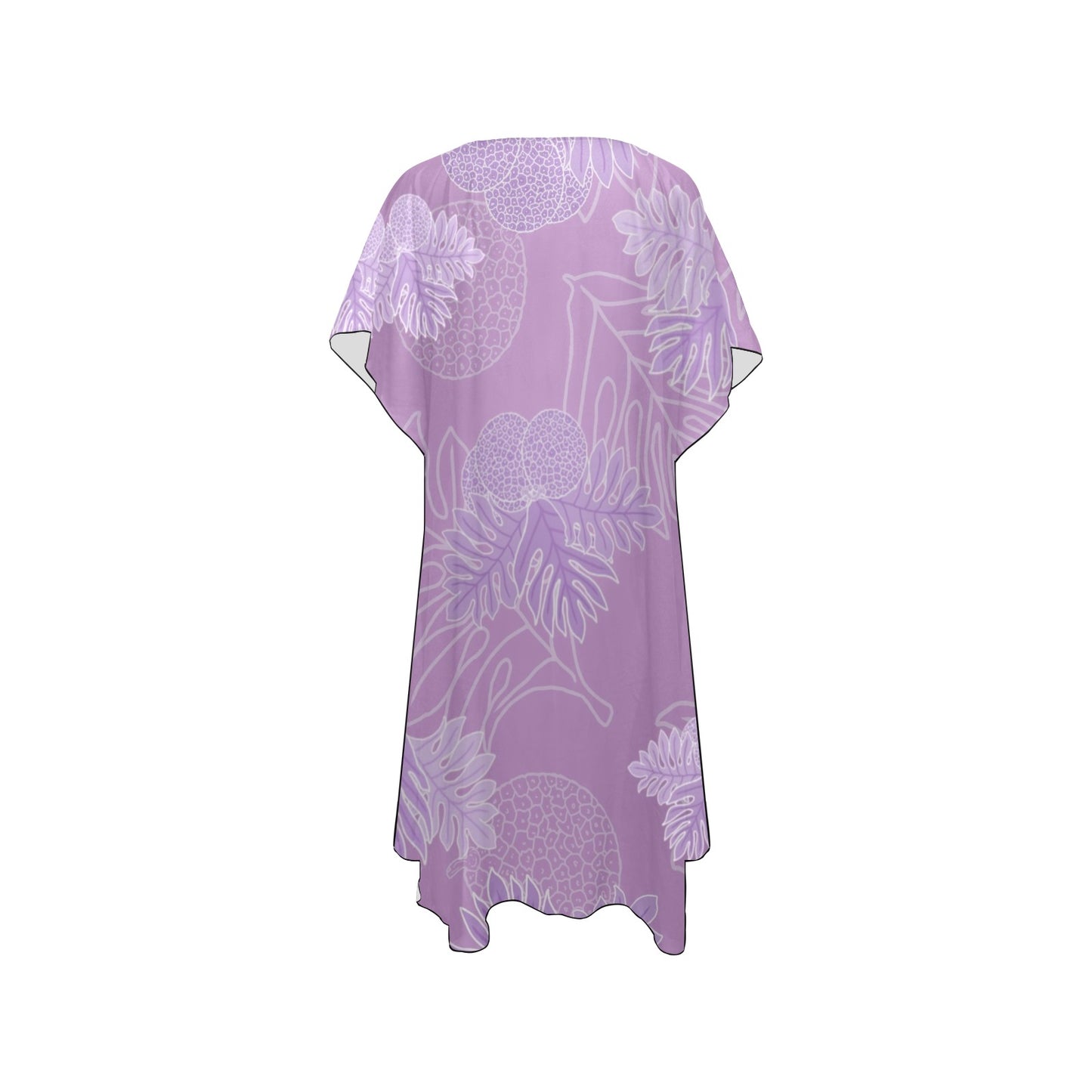Ulu Breadfruit Hawaiian Print Mid Length Kimono Chiffon Coverup with Side Slits - Lavender