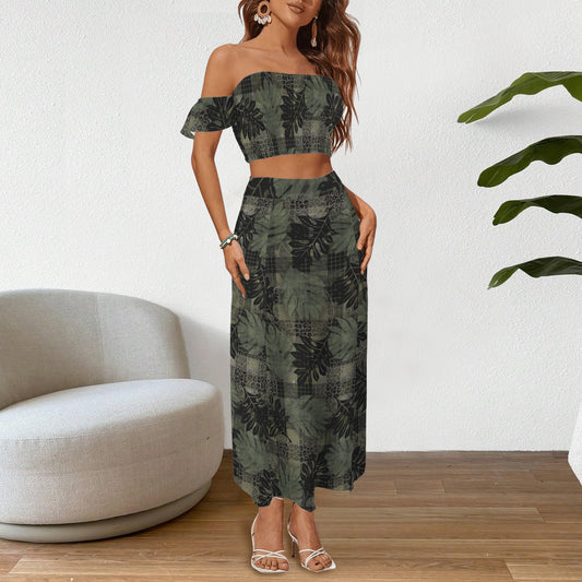 Malino Set in Ulu and Palaka (Off Shoulder Smocked Tube Top & High Waist Split Thigh Maxi Skirt) Green and Black