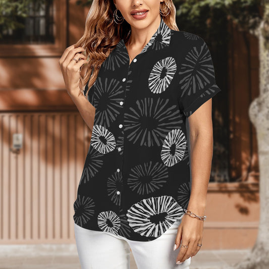 'Opihi Hawaiian Print Harmony Blouse, Women's Short Sleeve Button Down Shirt - Black and Gray