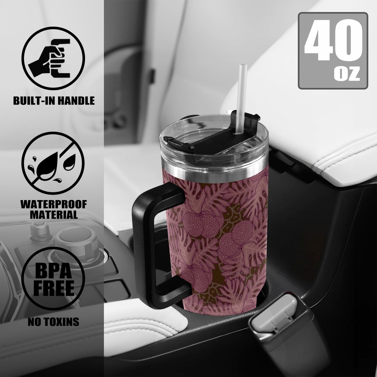 Ulu Breadfruit Hawaiian Print 40 oz Tumbler - Black Handle (Pink, Brown)