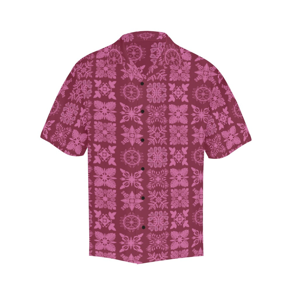 Hawaiian Kapa Kuiki Quilt - Menʻs Aloha Shirt, Red and Pink