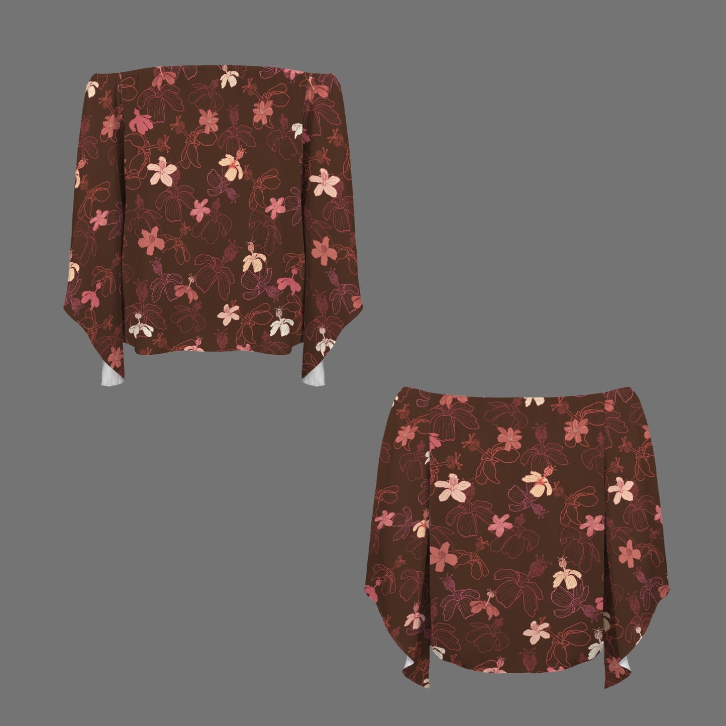 Kolonahe Koki'o HIbiscus Print Off Shoulder Trumpet Sleeve Blouse