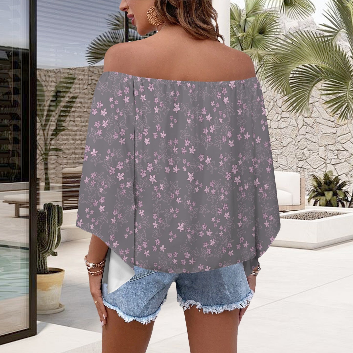 Kolonahe Pua Ala Aumoe Off Shoulder Trumpet Sleeve Blouse - Lavender & Gray