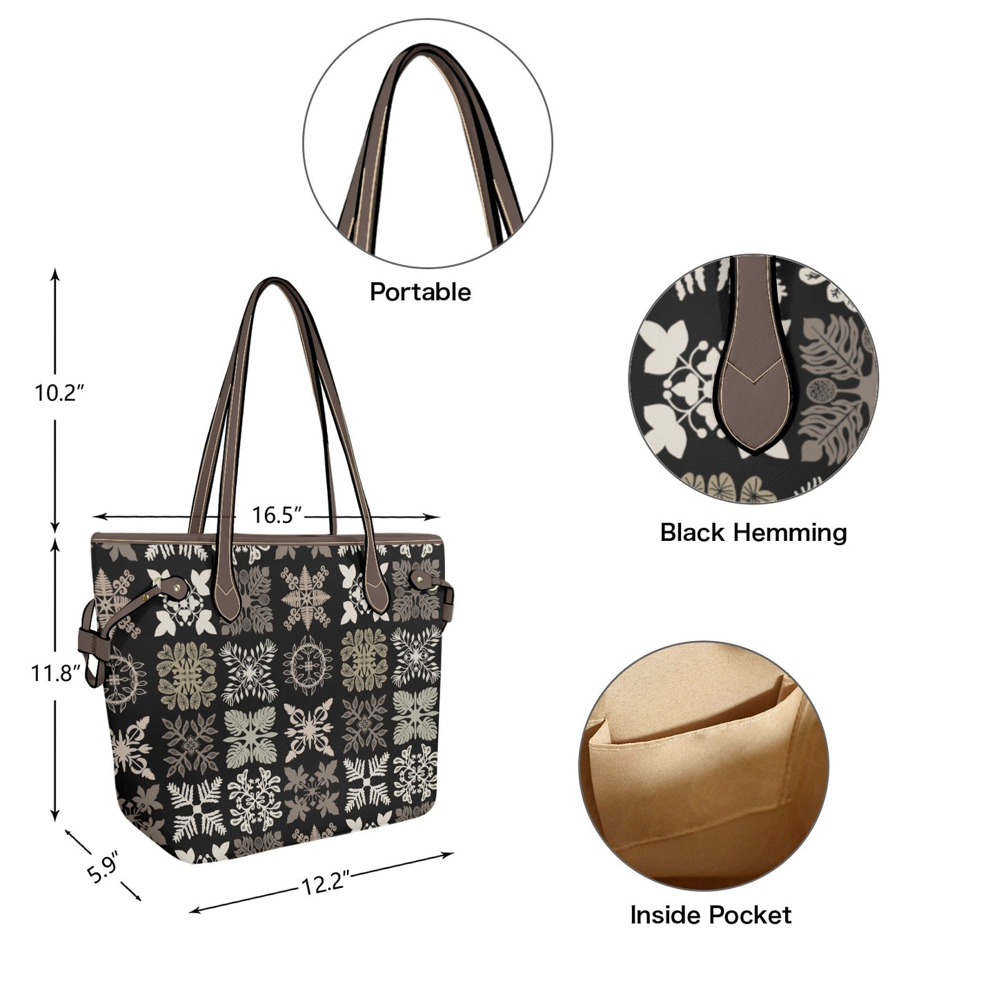 Kapa Kuiki Hawaiian Print Faux Leather Tote Bag - Black and Taupe