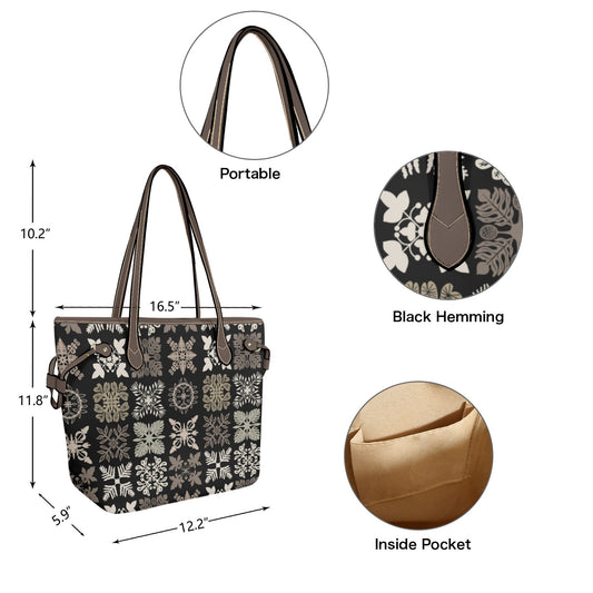 Kapa Kuiki Hawaiian Print Faux Leather Tote Bag - Black and Taupe